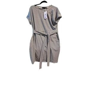 Black & White Striped Short Sleeve Dress w/ Attached Belt Merokeety Fashion -XL